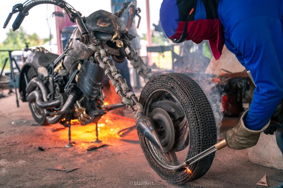 027 Ghost rider motorcycle scrap metal sculp